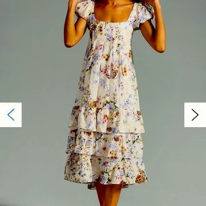 Anthropology Tiered, Cap Sleeve Dress in Floral Blue